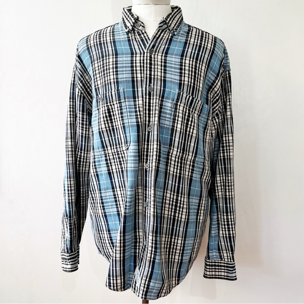 VINTAGE LEVIS Green Tag Mens Size Large Plaid Denim Shirt Blue Western 1990s